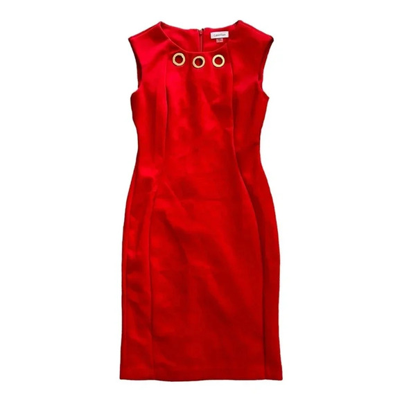 Calvin Klein Fire Red Embellished Scuba Sheath Dress 4 - Picture 1 of 4